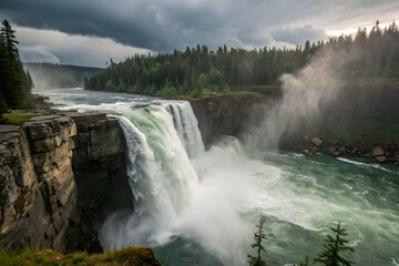 Fototapeta premium Majestic Waterfall Cascading Into Turquoise River Amidst Stormy Sky