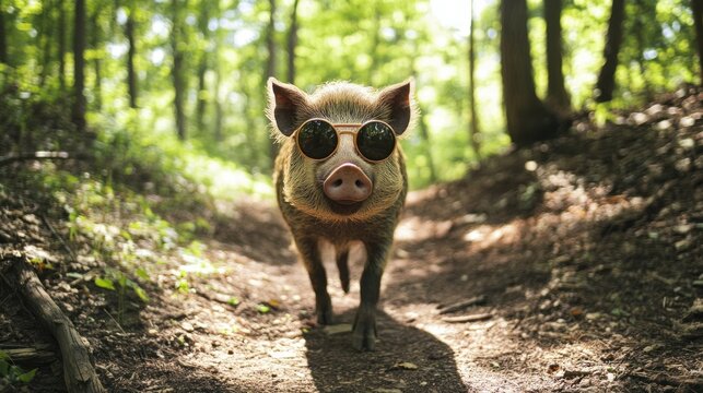 A pig wearing sunglasses walks on a forest path.