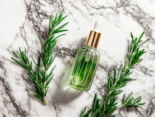 Fototapeta premium Herbal skincare: rosemary essential oil bottle on marble surface