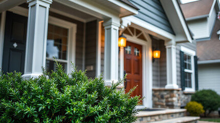 House exterior featuring gray siding, white columns, a brown front door, and green shrubbery.  Stone accents are visible at the base of the porch.  Two exterior lights are visible on either side of th