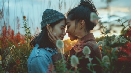 Fototapeta premium Two young women at sunset in a field with flowers. Perfect for travel blogs, romantic stories or clothing ads.