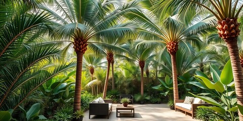 Fototapeta premium Tropical inspired patio set in lush green jungle with palm trees, patio furniture, jungle scene