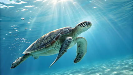Fototapeta premium Graceful Sea Turtle Swimming in Clear, Sunlit Ocean Waters