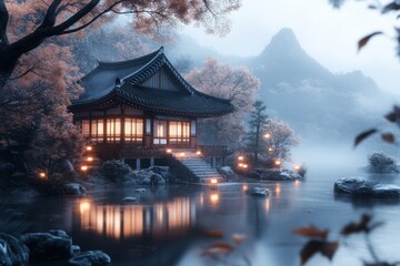 Fototapeta premium A 3D-rendered Korean palace under the moonlight, with glowing lanterns, detailed architecture, and serene reflections in a nearby pond