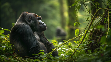 Naklejka premium Majestic Gorilla in Serene Jungle Setting Surrounded by Lush Greenery