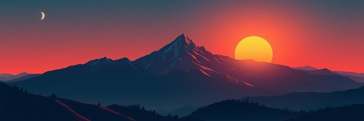 Trendy mountain landscape with sun and moon in cool aesthetic horizon scenery, isolated hill environment nature illustration poster bundle, sun, aesthetic