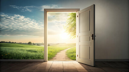 Open Door to Nature with Scenic View of Fields and Sunshine