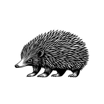 Engraved echidna illustration, side view.