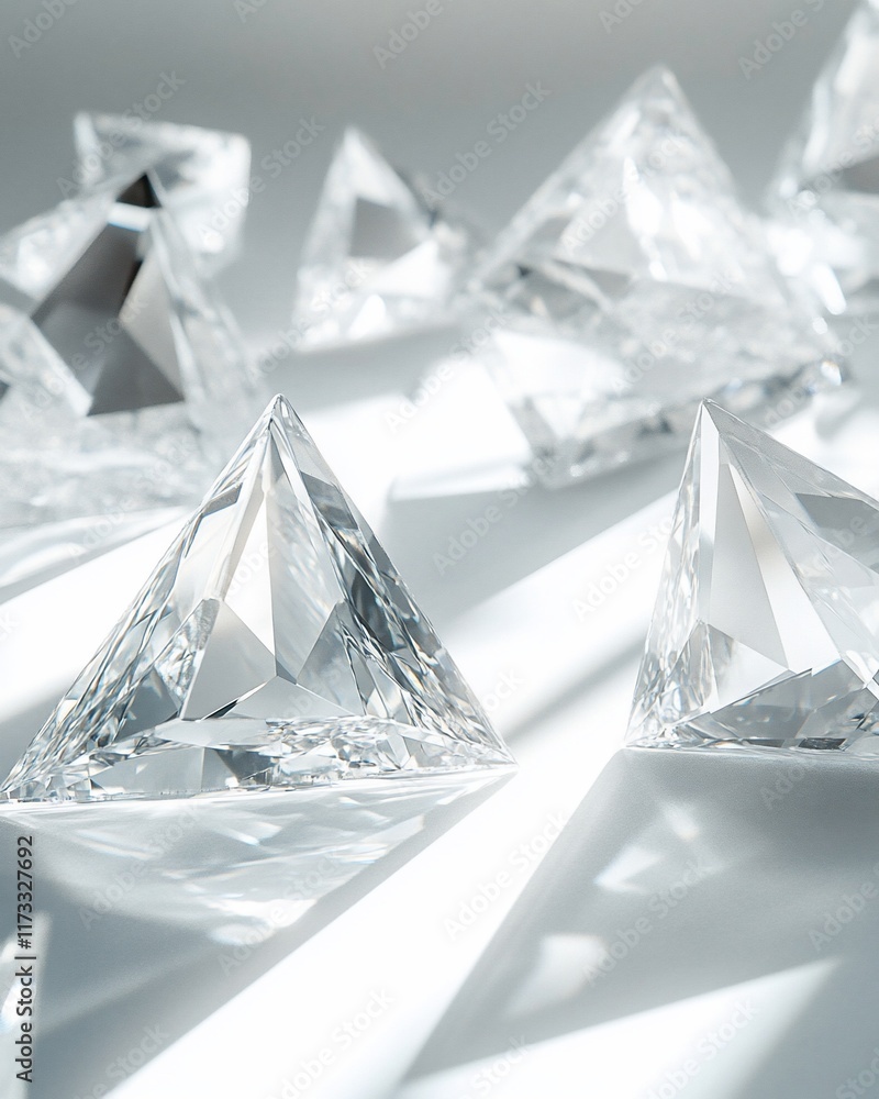 Poster sparkling triangular diamonds scattered on a white surface, illuminated by sunlight casting shadows.