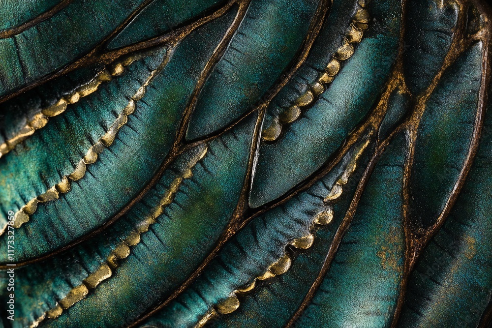 Poster close-up of teal and gold textured surface resembling scales or feathers.