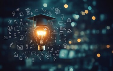 Internet education course degree concept with lightbulb, graduation hat, and education icons, symbolizing online learning, elearning graduate programs, and webinar classes