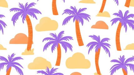 Obraz premium Colorful tropical pattern with purple palm trees and orange clouds on white background