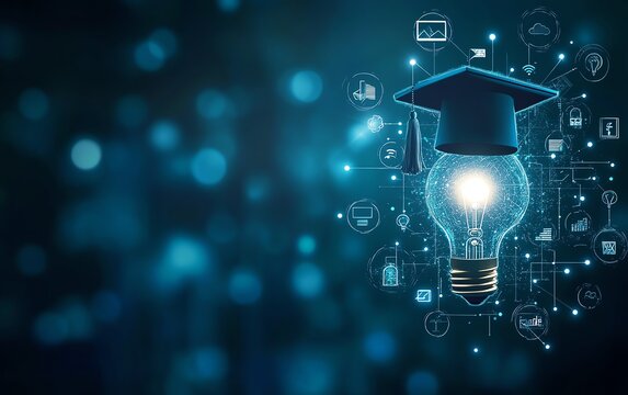 Internet education course degree concept with lightbulb, graduation hat, and education icons, symbolizing online learning, elearning graduate programs, and webinar classes