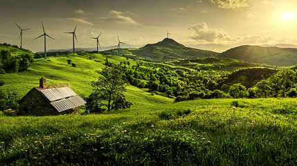 Obraz premium Green technology harnesses wind energy and eco-friendly materials. Scenic Landscape with Wind Turbines and Green Fields