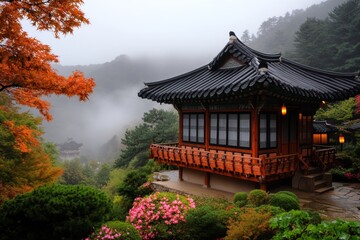 Fototapeta premium A Korean temple surrounded by lush greenery and misty mountains, with intricate carvings and hanging lanterns