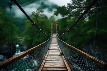 Fototapeta premium A serene suspension bridge surrounded by lush green nature.