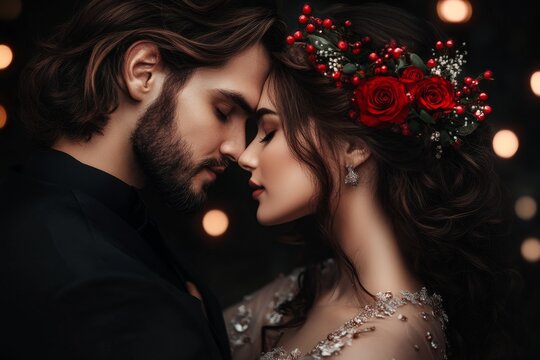A 3D-rendered romantic kiss, with vibrant lighting and realistic details of their expressions and attire