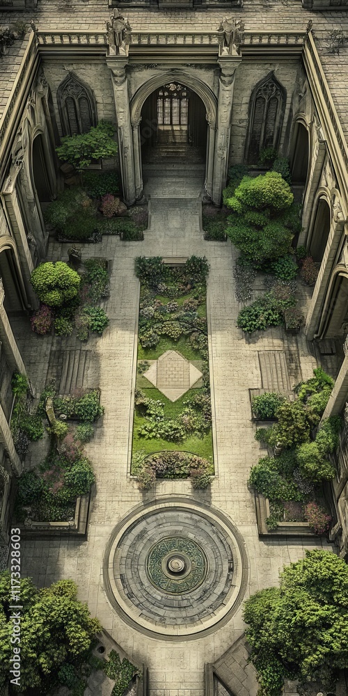 Poster a large courtyard with a fountain in the center surrounded by trees. the courtyard is empty and the 