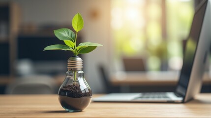Green Plant Growing in Light Bulb on Desk with Laptop Background