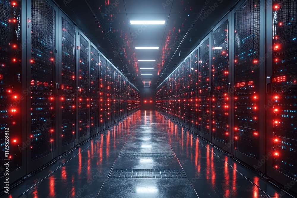Poster sophisticated data center illuminated by vibrant lights showcasing advanced technology and server eq