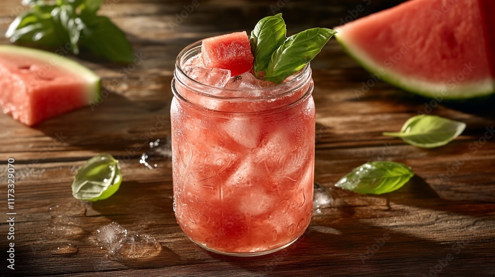 Poster refreshing watermelon basil drink in mason jar with ice cubes and slices on wooden table.