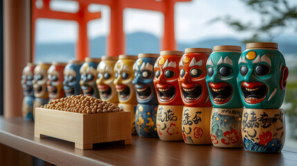 Joyous Setsubun Masks Display with Roasted Soybeans Accompanied by a Torii Gate and a Bright Blue Sky Celebrating the Arrival of Spring