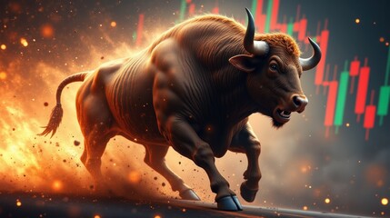 Powerful Bull Charging Forward with Stock Market Charts and Flames