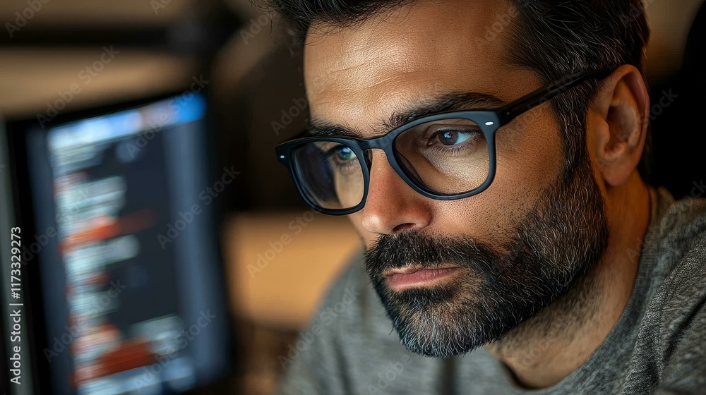 Poster focused man working on computer