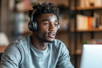 Naklejka premium Focused Young Man Listening to Music with Headphones