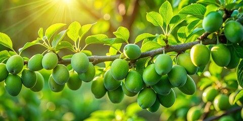 Lush Green Unripe Plums Hanging on a Branch, Summer Orchard