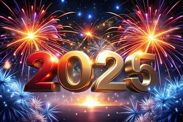 2025 New Year Celebration: Shiny 3D Numbers on City modern Background, realistic rendering new year celebration.