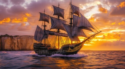 Obraz premium a painting of a pirate ship in the ocean with the sun setting in the background, gothic ship on ocean