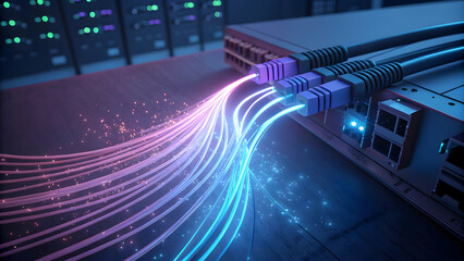 Colorful Fiber Optic Cables Connecting to Network Switch with Lights