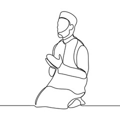Muslim praying - single line drawing. Continuous line drawing of muslim man pray and raise hand for ramadhan and ied mubarak.