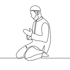 Muslim praying - single line drawing. Continuous line drawing of muslim man pray and raise hand for ramadhan and ied mubarak.