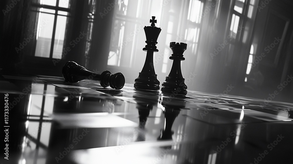Poster black chess king and queen stand victorious over fallen opponent, reflecting on a shiny surface in a
