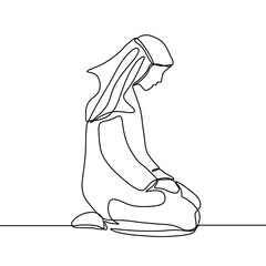 Muslim praying - single line drawing. Continuous line drawing of muslim man pray and raise hand for ramadhan and ied mubarak.