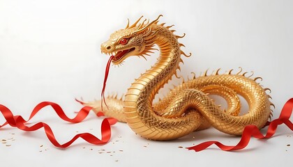 Golden Dragon Figurine with Red Ribbons: A Symbol of Luck and Prosperity