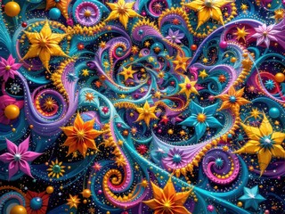 Vibrant Cosmic Floral Pattern with Stars and Swirls"