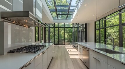 Obraz premium Modern kitchen with glass walls, blending indoor and outdoor spaces.