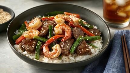 Sizzling Asian Shrimp and Steak Stir-Fry Kitchen Recipe Cozy Home Top-Down View Flavorful Fusion