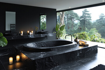 Black marble bathroom with oval tub, forest view, candles