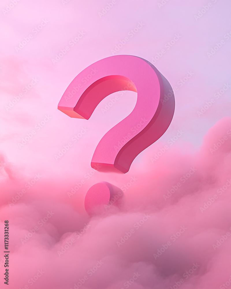 Poster pink large question mark floating in a dreamy cloud-filled atmosphere