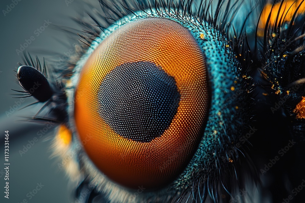 Poster close-up of a vibrant insect eye showing intricate patterns and colors under natural light in a gard