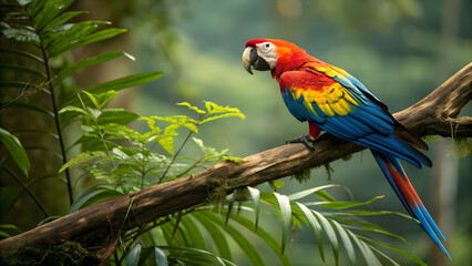 Obraz premium Vibrant Scarlet Macaw Perched on Branch in Lush Rainforest