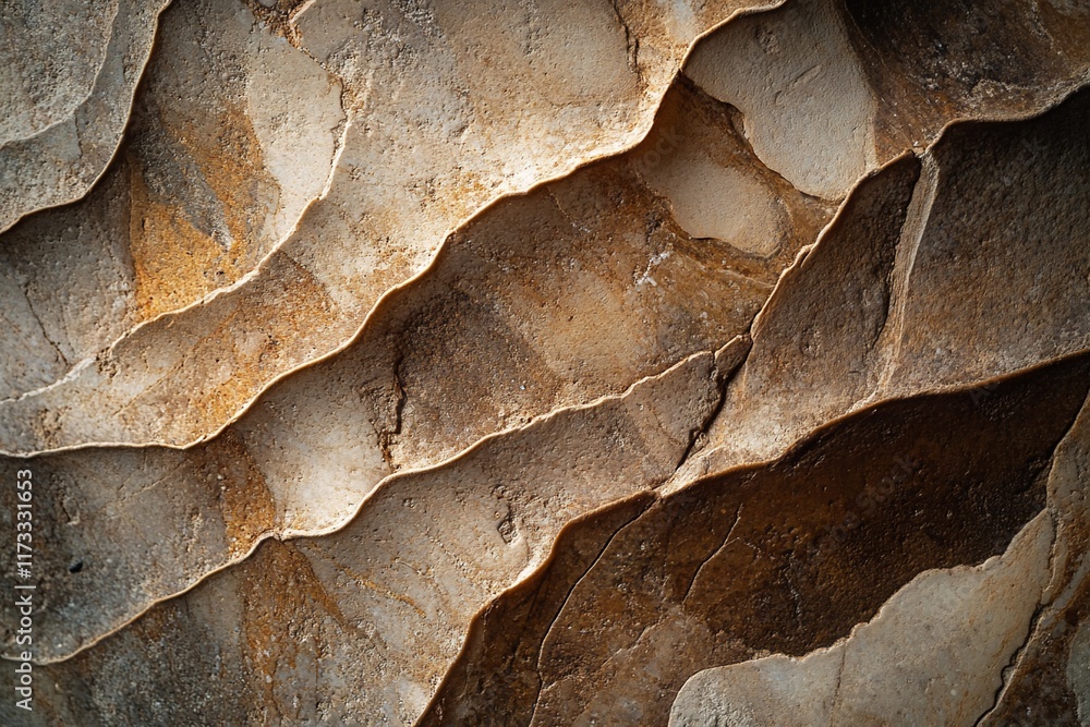 Poster close-up of layered rock formation with textured surface and earthy tones.