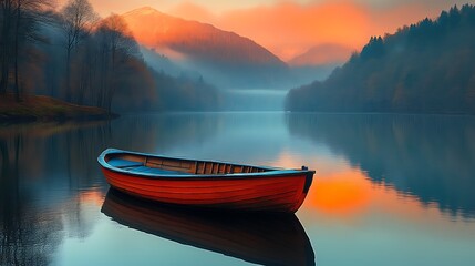 Serene sunrise over misty lake with rowboat.