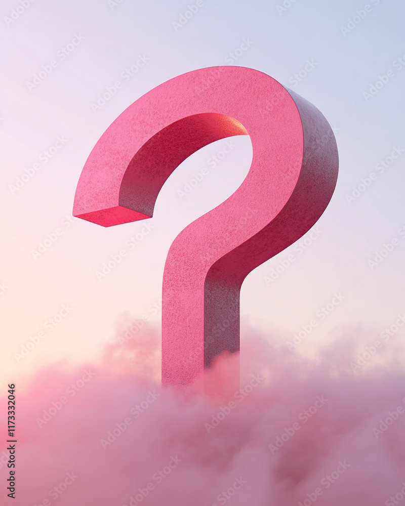 Poster Floating pink large question mark surrounded by soft clouds in a surreal and dreamy atmosphere
