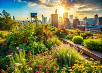 Lush Urban Oasis: Overgrown Green Rooftop Garden with City Skyline