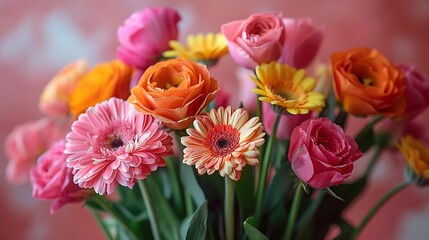 A vibrant bouquet of roses and gerberas in a vase, with bright colors against a soft, blurred background, showcasing the delicate petals and lively hues.
